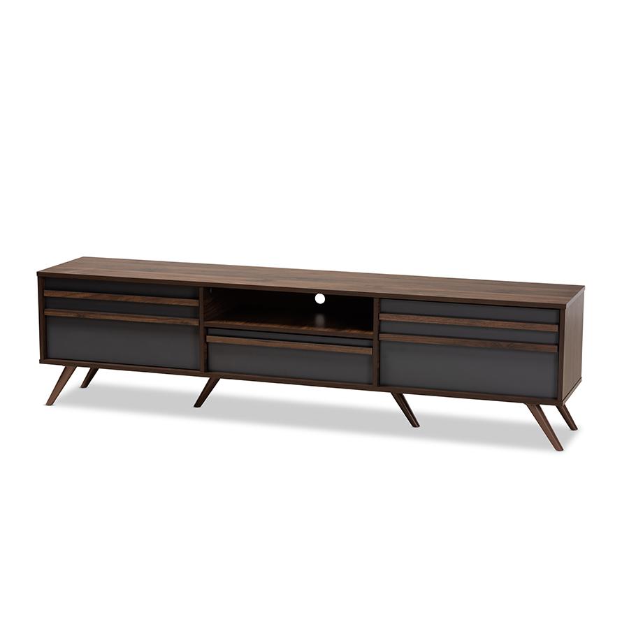 Two-Tone Grey and Walnut Finished Wood TV Stand with Drop-Down Compartments. Picture 1