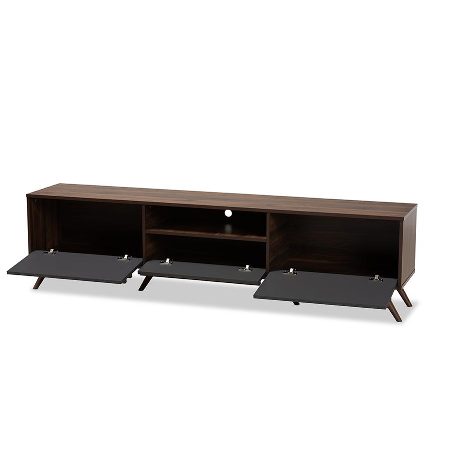 Two-Tone Grey and Walnut Finished Wood TV Stand with Drop-Down Compartments. Picture 2