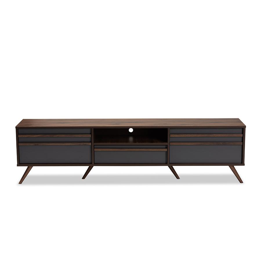 Two-Tone Grey and Walnut Finished Wood TV Stand with Drop-Down Compartments. Picture 3