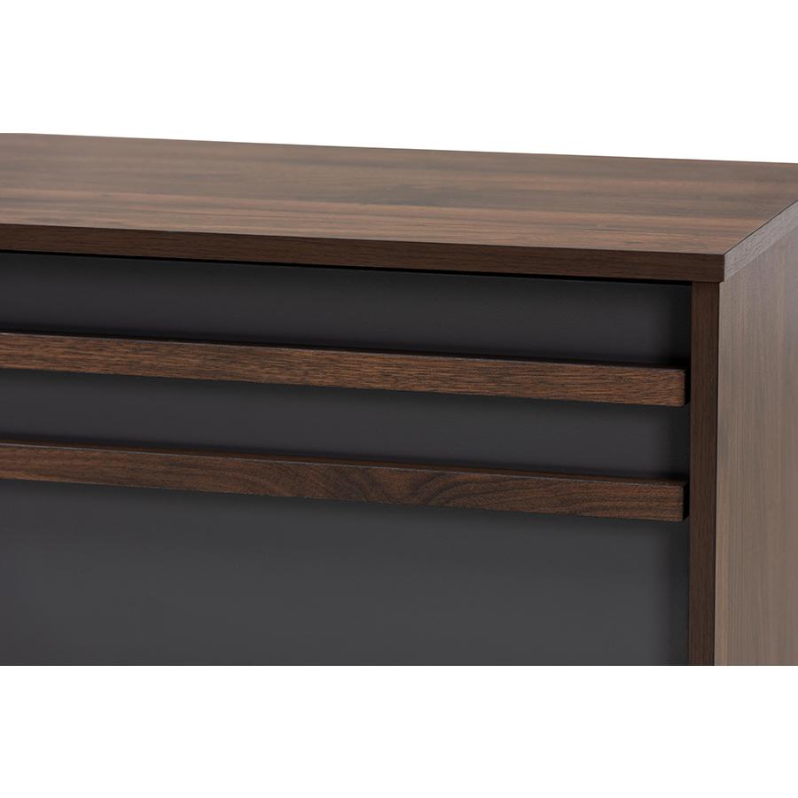 Two-Tone Grey and Walnut Finished Wood TV Stand with Drop-Down Compartments. Picture 5