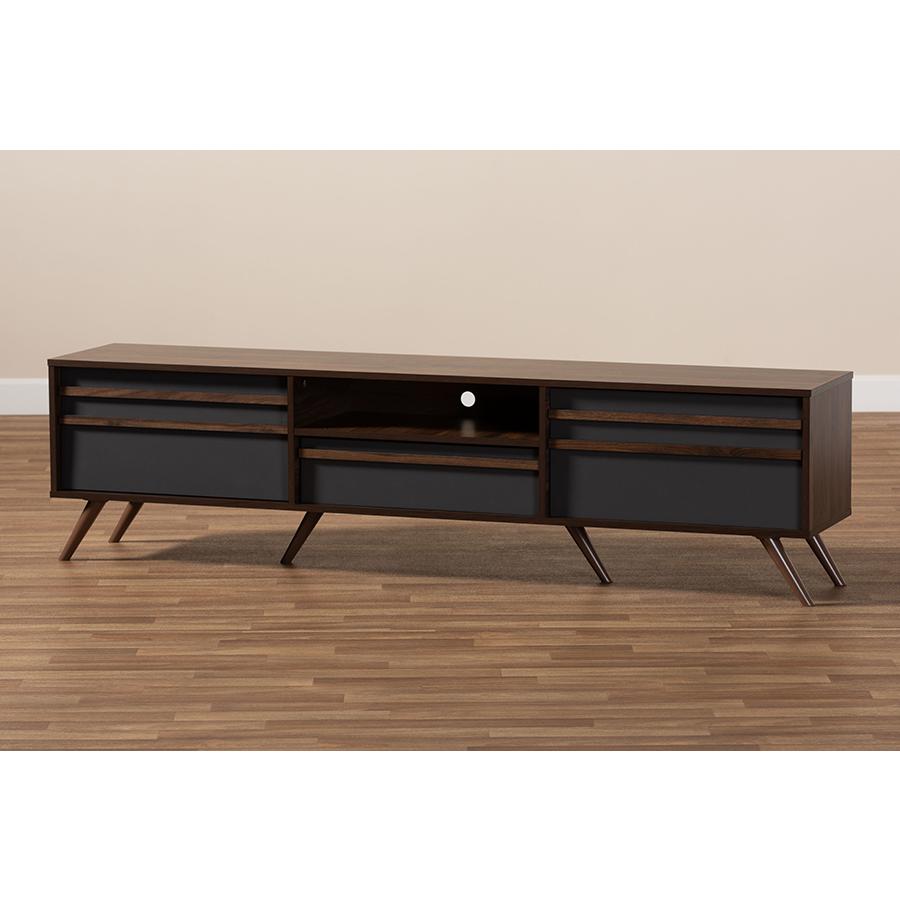 Two-Tone Grey and Walnut Finished Wood TV Stand with Drop-Down Compartments. Picture 8