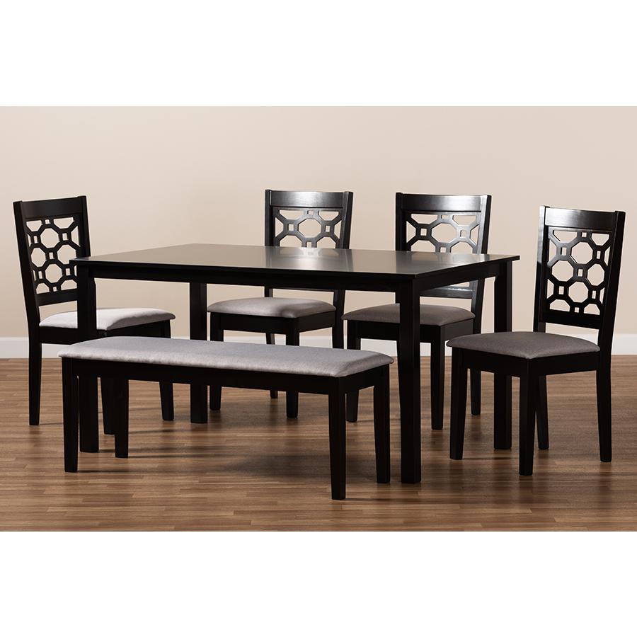 Grey Fabric Upholstered and Dark Brown Finished Wood 6-Piece Dining Set. Picture 8