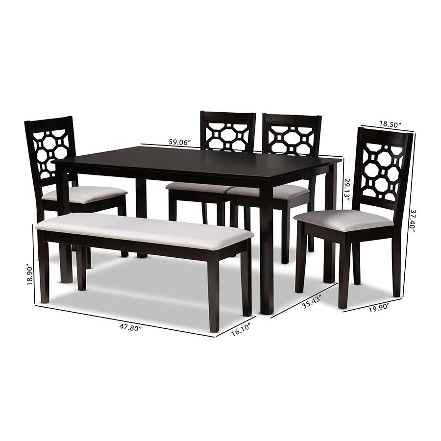 Grey Fabric Upholstered and Dark Brown Finished Wood 6-Piece Dining Set. Picture 9
