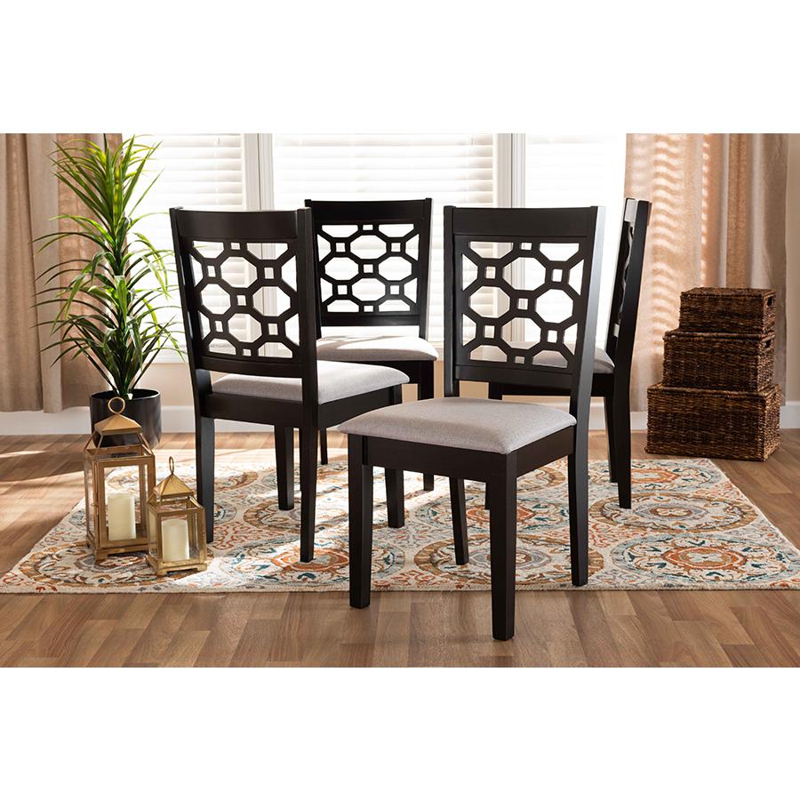 Grey Fabric Upholstered and Dark Brown Finished Wood 4-Piece Dining Chair Set. Picture 4