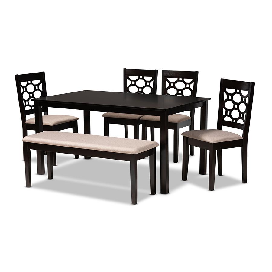Sand Fabric Upholstered and Dark Brown Finished Wood 6-Piece Dining Set. Picture 1