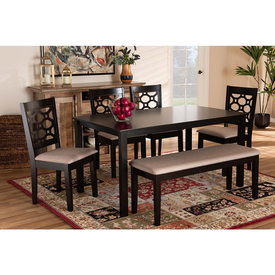 Sand Fabric Upholstered and Dark Brown Finished Wood 6-Piece Dining Set. Picture 7