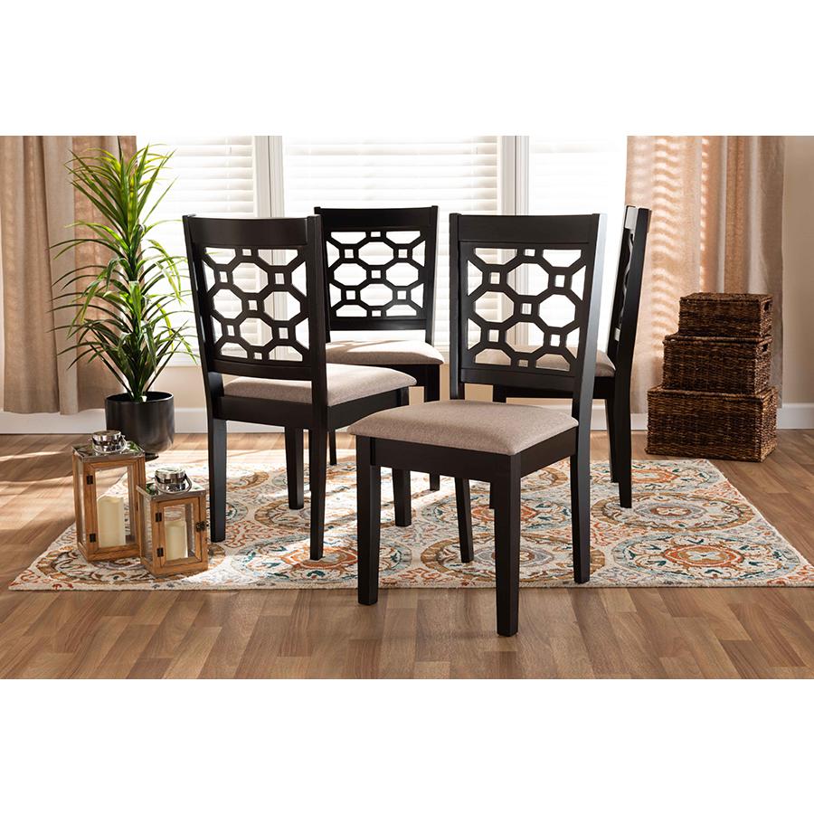 Sand Fabric Upholstered and Dark Brown Finished Wood 4-Piece Dining Chair Set. Picture 4