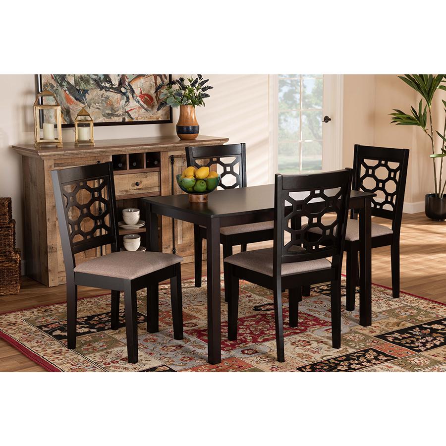 Sand Fabric Upholstered and Dark Brown Finished Wood 5-Piece Dining Set. Picture 6