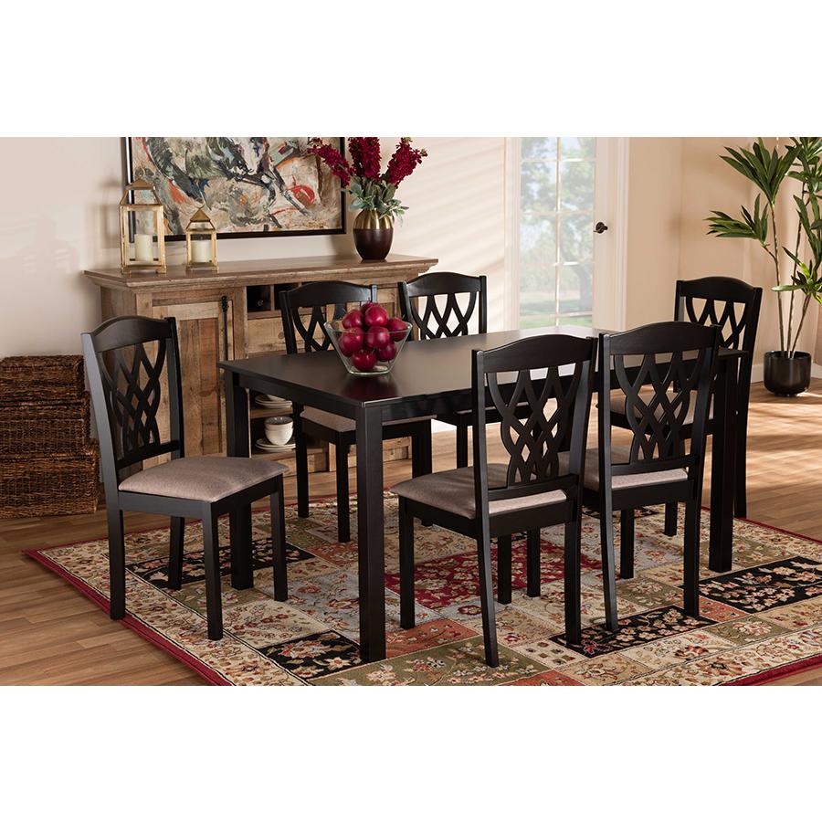 Sand Fabric Upholstered and Dark Brown Finished Wood 7-Piece Dining Set. Picture 6