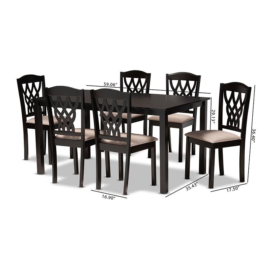 Sand Fabric Upholstered and Dark Brown Finished Wood 7-Piece Dining Set. Picture 8