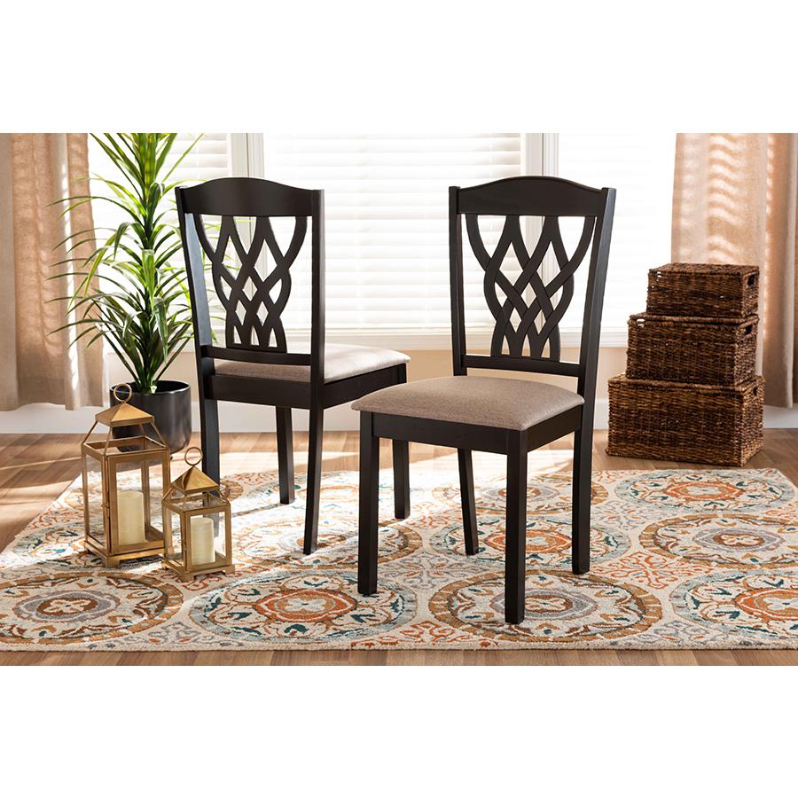 Sand Fabric Upholstered and Dark Brown Finished Wood 2-Piece Dining Chair Set. Picture 5