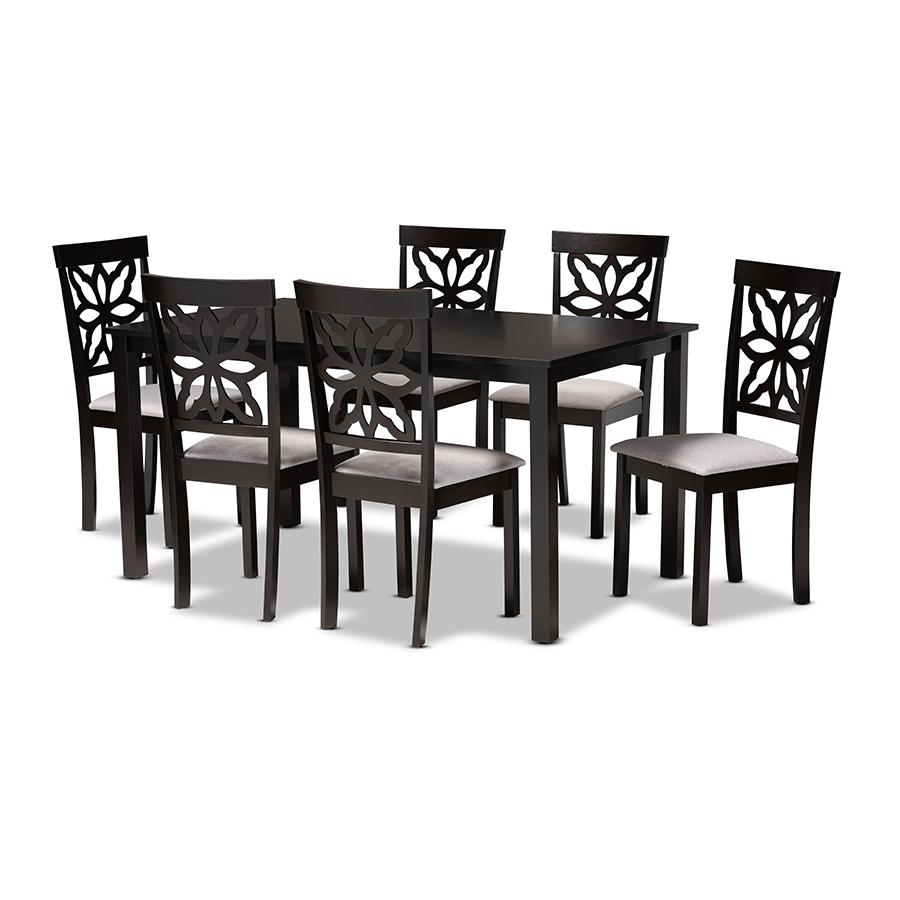 Grey Fabric Upholstered and Dark Brown Finished Wood 7-Piece Dining Set. Picture 1