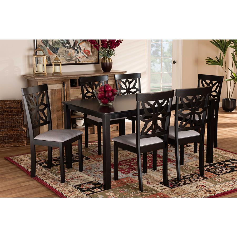 Grey Fabric Upholstered and Dark Brown Finished Wood 7-Piece Dining Set. Picture 6