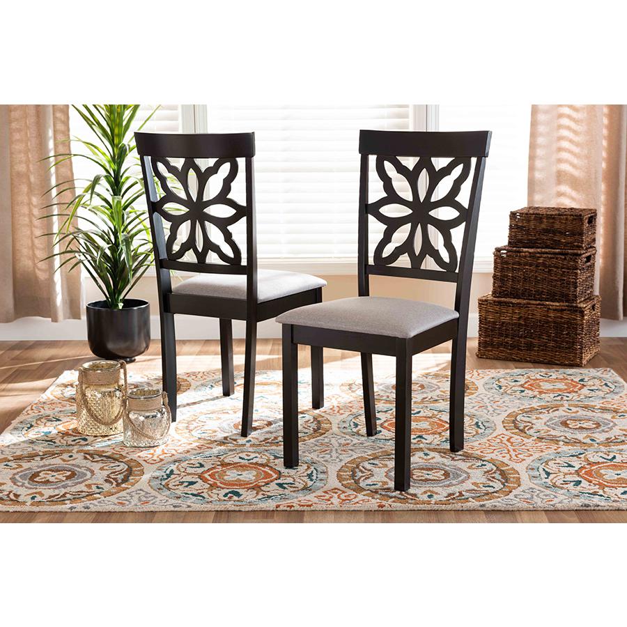 Grey Fabric Upholstered and Dark Brown Finished Wood 2-Piece Dining Chair Set. Picture 5