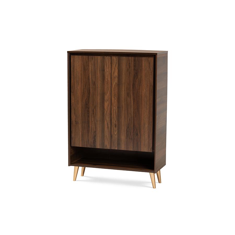 Landen Mid-Century Modern Walnut Brown and Gold Finished Wood 2-Door Entryway Shoe storage Cabinet. The main picture.