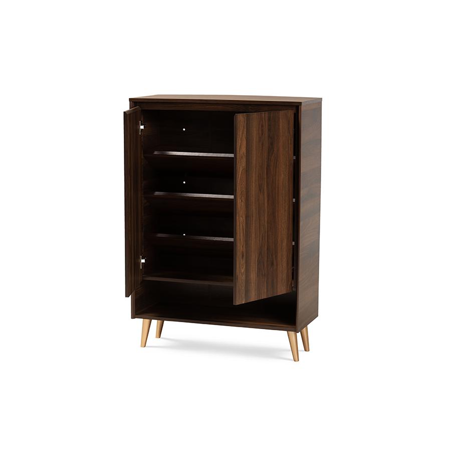 Landen Mid-Century Modern Walnut Brown and Gold Finished Wood 2-Door Entryway Shoe storage Cabinet. Picture 2