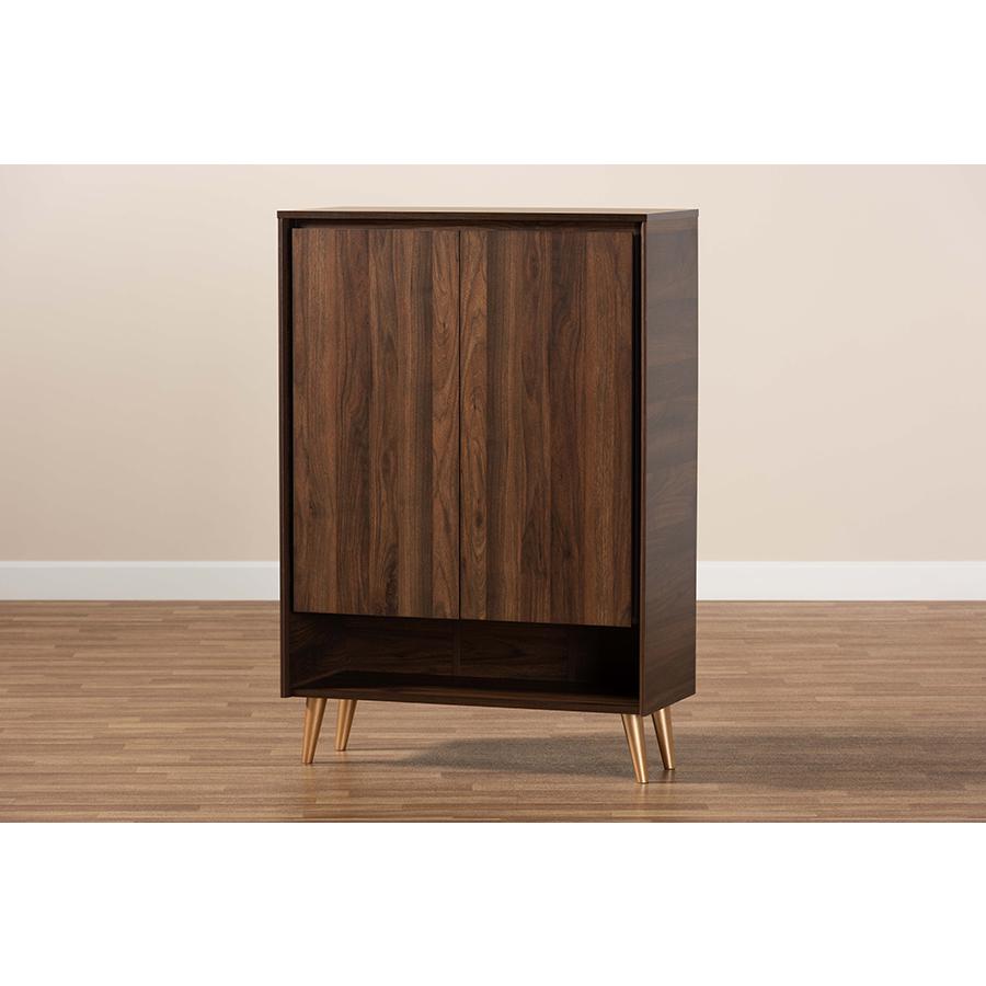 Landen Mid-Century Modern Walnut Brown and Gold Finished Wood 2-Door Entryway Shoe storage Cabinet. Picture 9