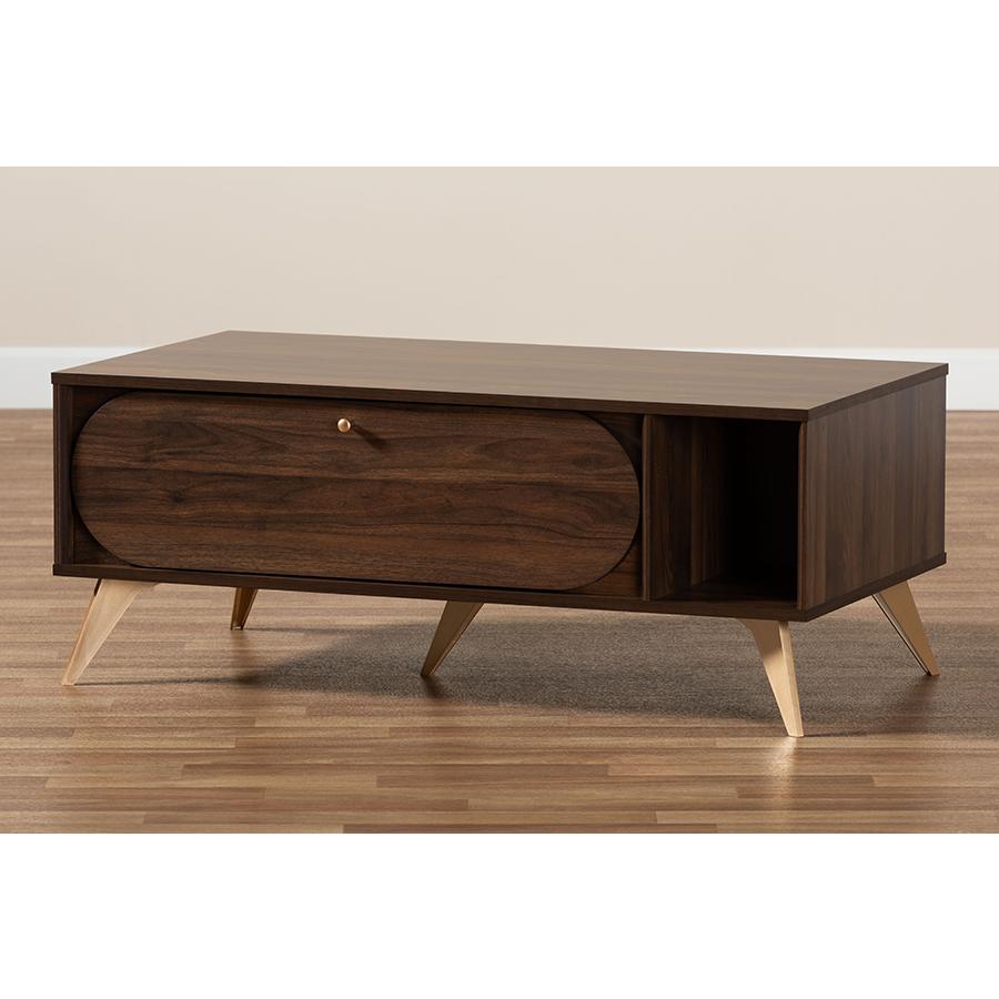 Edel Mid-Century Modern Walnut Brown and Gold Finished Wood Coffee Table. Picture 10