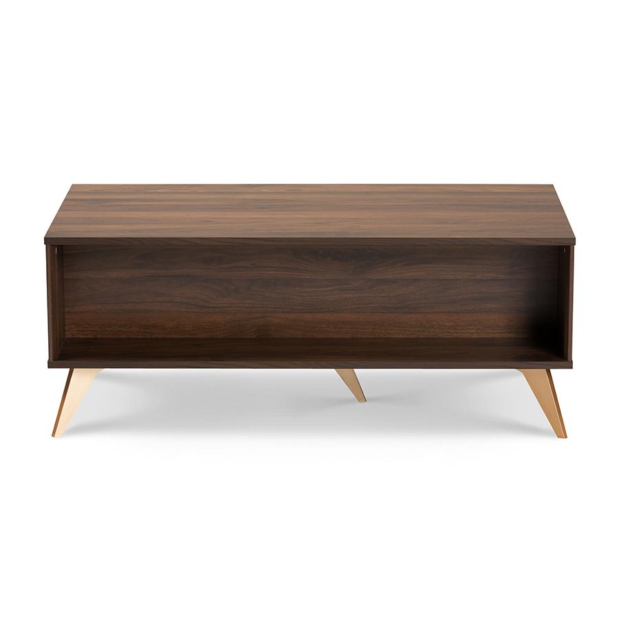 Edel Mid-Century Modern Walnut Brown and Gold Finished Wood Coffee Table. Picture 5