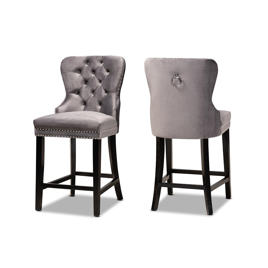 Howell Modern Transitional Grey Velvet Upholstered and Dark Brown Finished Wood 2-Piece Counter Stool Set. The main picture.