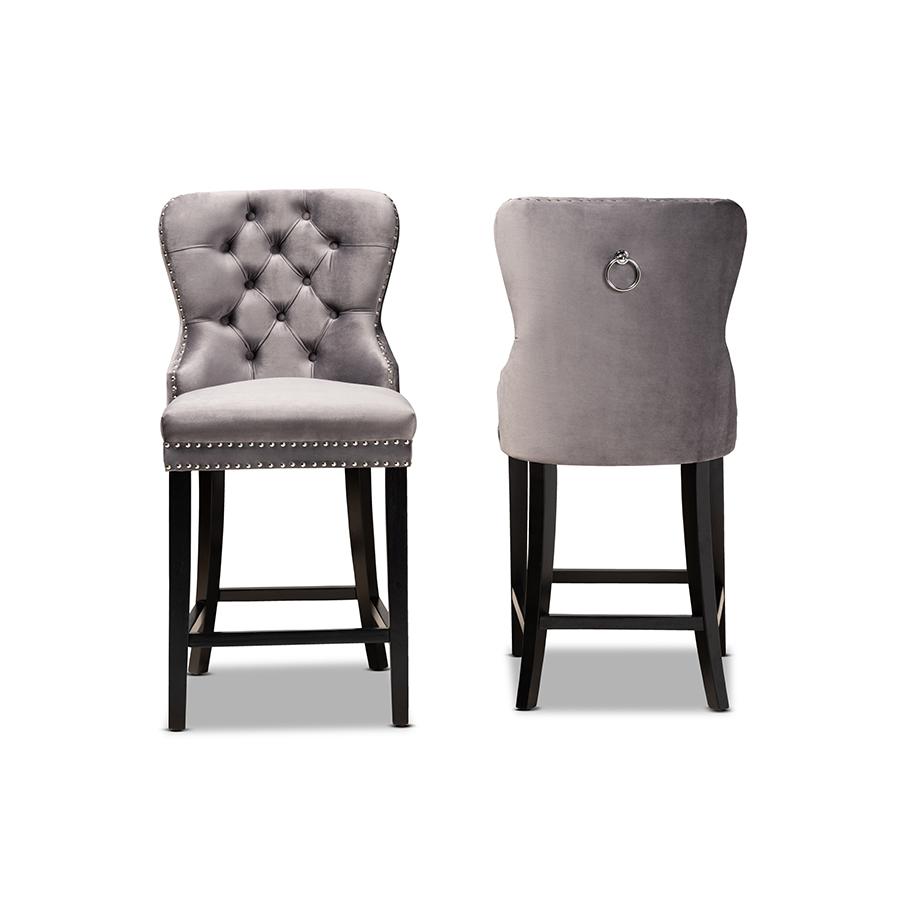 Howell Modern Transitional Grey Velvet Upholstered and Dark Brown Finished Wood 2-Piece Counter Stool Set. Picture 2