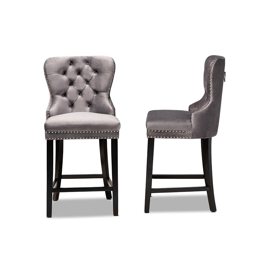 Howell Modern Transitional Grey Velvet Upholstered and Dark Brown Finished Wood 2-Piece Counter Stool Set. Picture 3