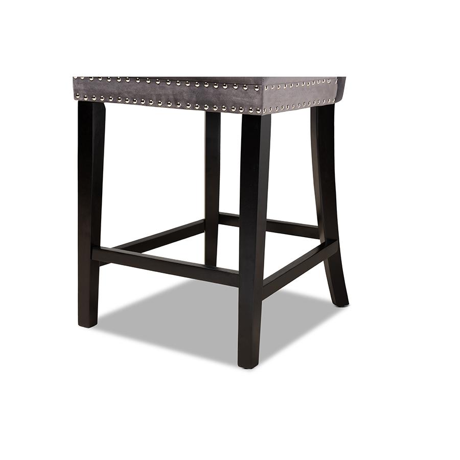 Howell Modern Transitional Grey Velvet Upholstered and Dark Brown Finished Wood 2-Piece Counter Stool Set. Picture 6