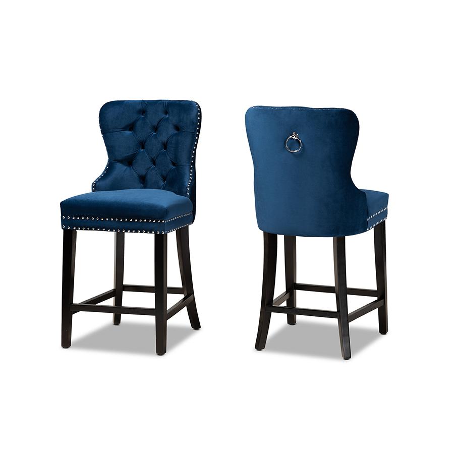 Howell Modern Transitional Navy Blue Velvet Upholstered and Dark Brown Finished Wood 2-Piece Counter Stool Set. Picture 1