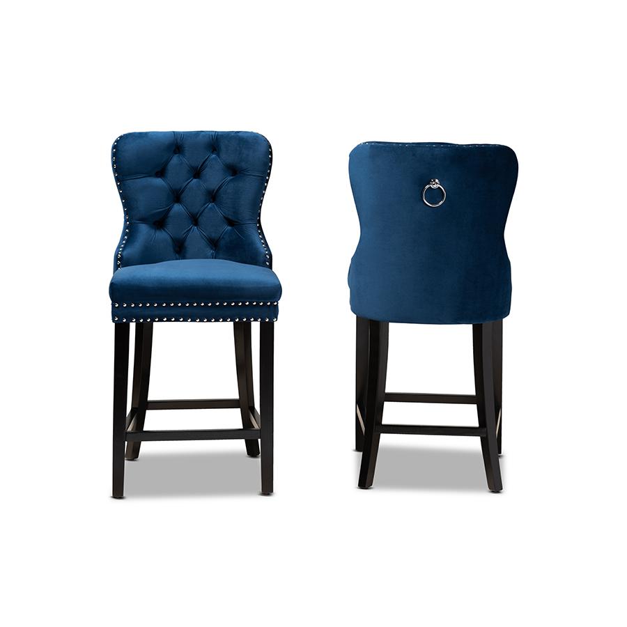Howell Modern Transitional Navy Blue Velvet Upholstered and Dark Brown Finished Wood 2-Piece Counter Stool Set. Picture 2