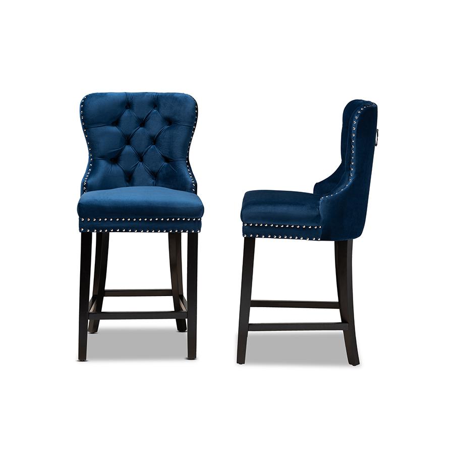 Howell Modern Transitional Navy Blue Velvet Upholstered and Dark Brown Finished Wood 2-Piece Counter Stool Set. Picture 3