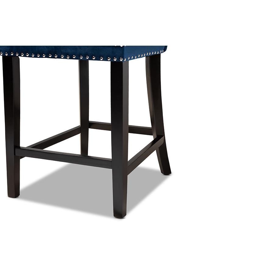 Howell Modern Transitional Navy Blue Velvet Upholstered and Dark Brown Finished Wood 2-Piece Counter Stool Set. Picture 6