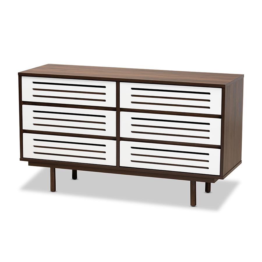 Two-Tone Walnut Brown and White Finished Wood 6-Drawer Dresser. Picture 1