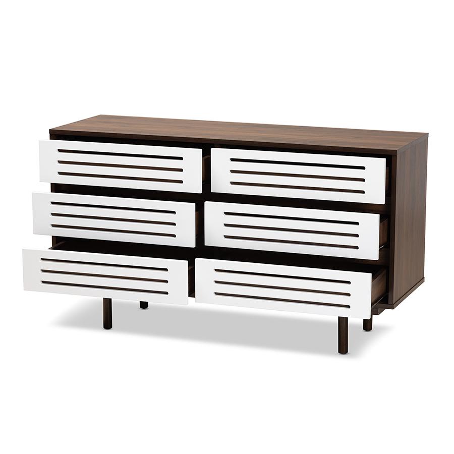 Two-Tone Walnut Brown and White Finished Wood 6-Drawer Dresser. Picture 2