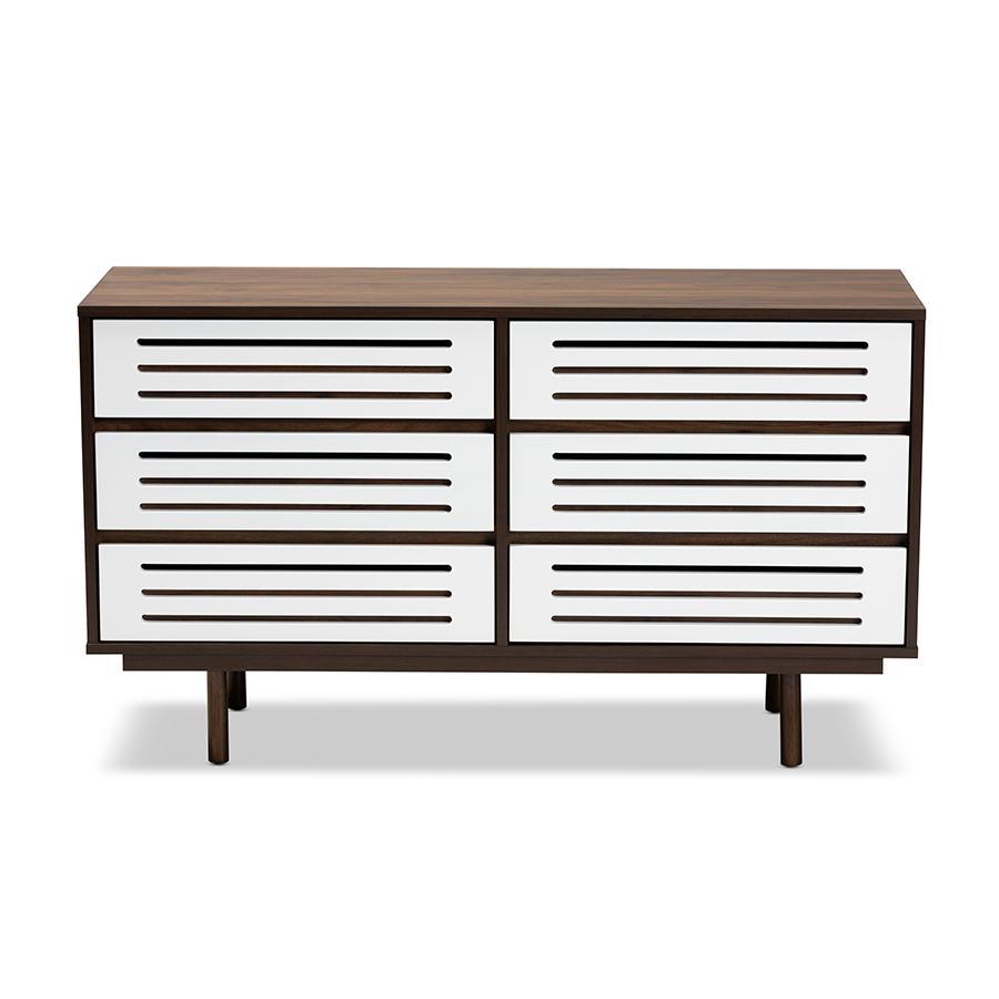 Two-Tone Walnut Brown and White Finished Wood 6-Drawer Dresser. Picture 3
