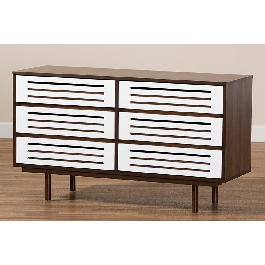 Two-Tone Walnut Brown and White Finished Wood 6-Drawer Dresser. Picture 8