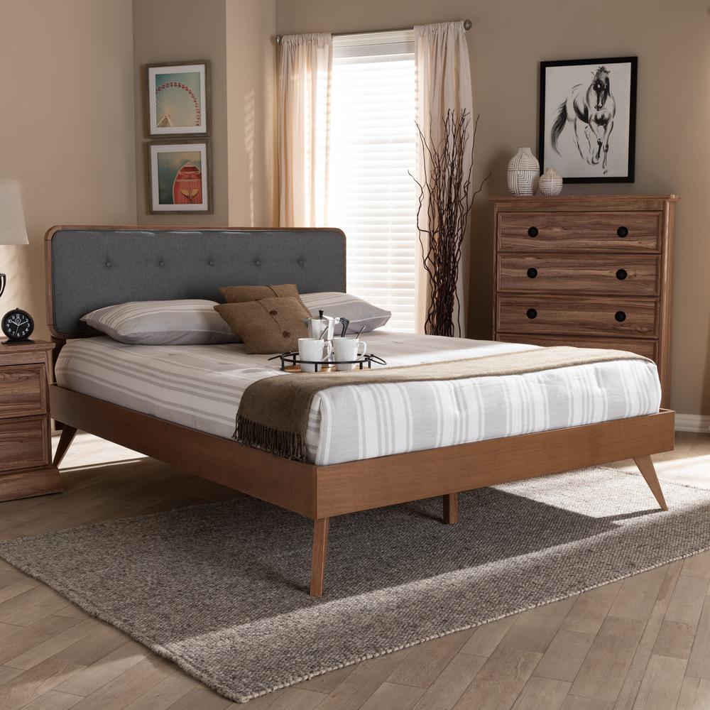 Dark Grey Fabric Upholstered Walnut Brown Finished Wood King Size Platform Bed. Picture 16