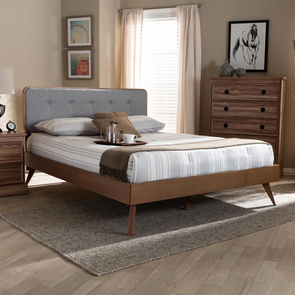 Light Grey Fabric Upholstered Walnut Brown Finished Wood King Size Platform Bed. Picture 16