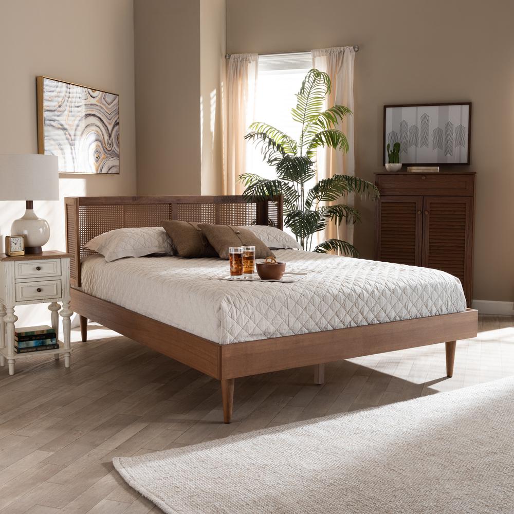 Baxton Studio Rina Mid-Century Modern Ash Wanut Finished Wood and Synthetic Rattan King Size Platform Bed with Wrap-Around Headboard. Picture 12