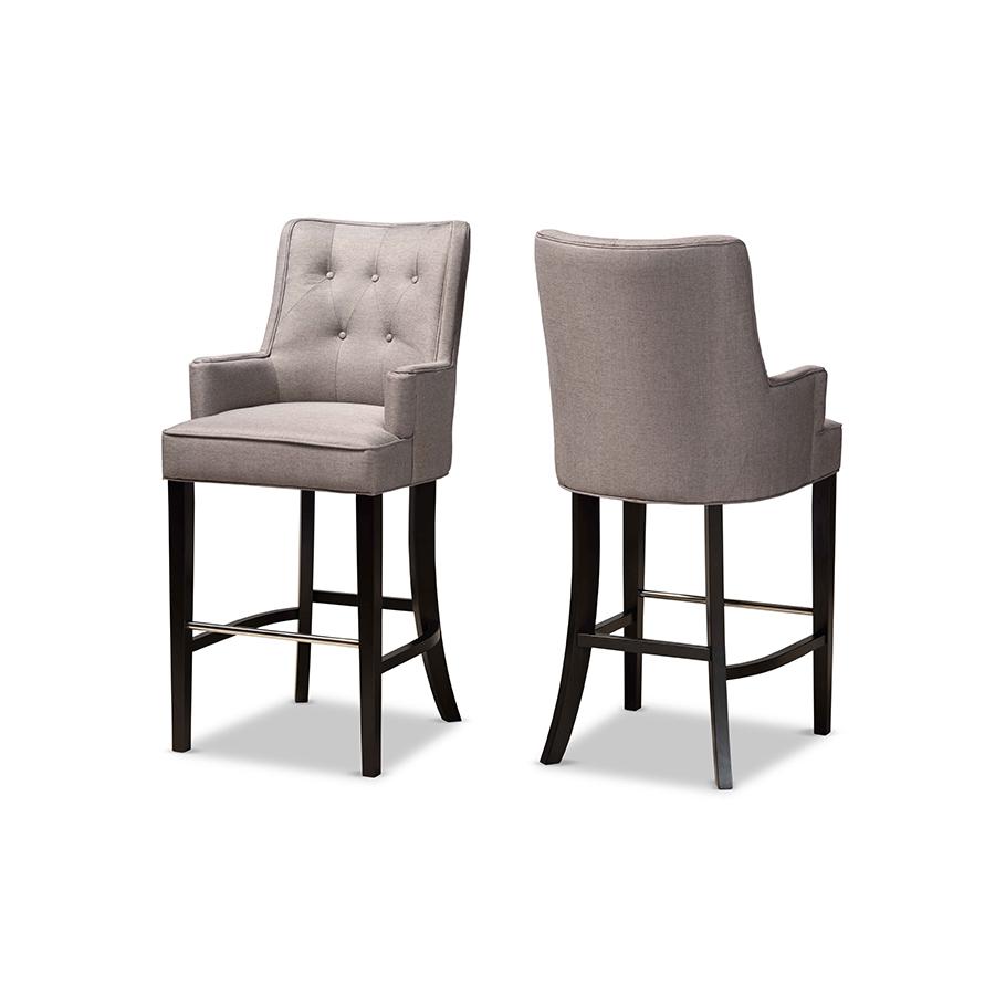Aldon Modern and Contemporary Grey Fabric Upholstered and Dark Brown Finished Wood 2-Piece Bar Stool Set. The main picture.