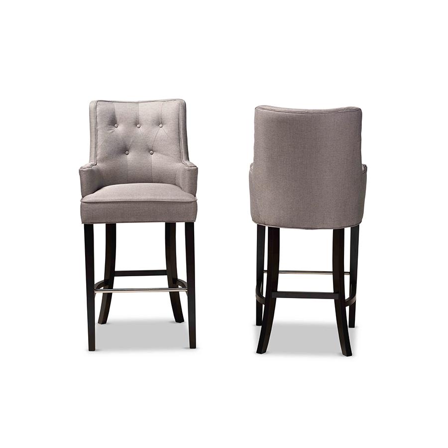 Aldon Modern and Contemporary Grey Fabric Upholstered and Dark Brown Finished Wood 2-Piece Bar Stool Set. Picture 2