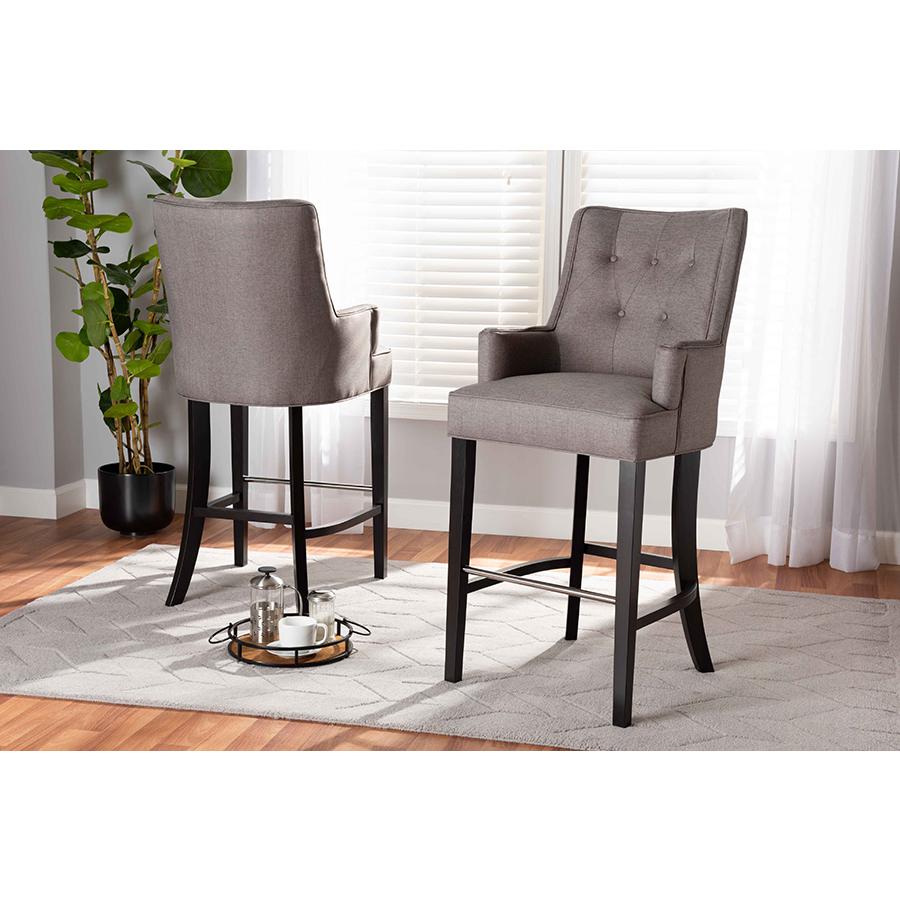 Aldon Modern and Contemporary Grey Fabric Upholstered and Dark Brown Finished Wood 2-Piece Bar Stool Set. Picture 8