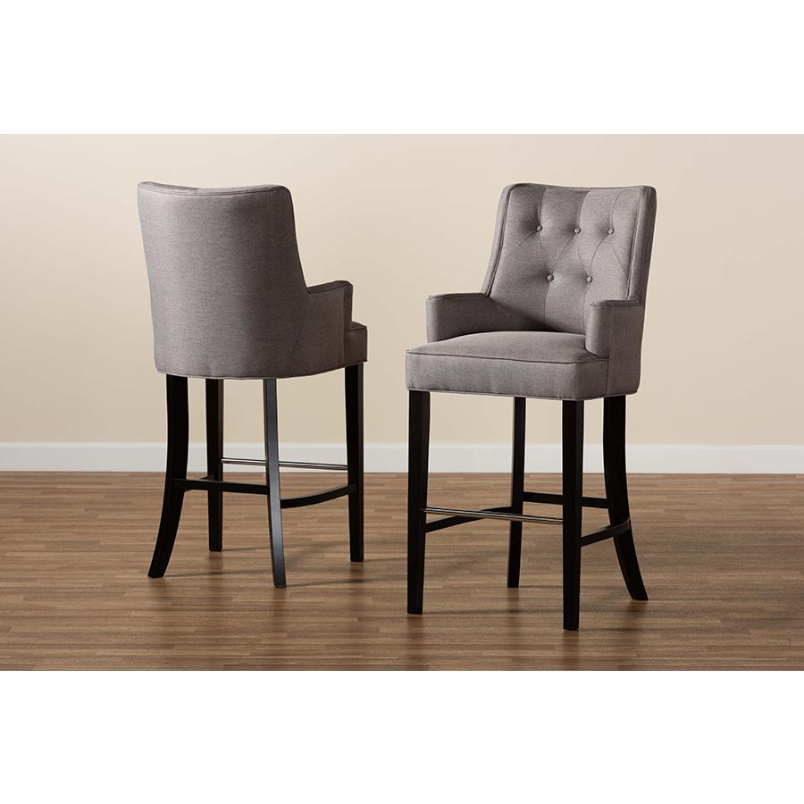 Aldon Modern and Contemporary Grey Fabric Upholstered and Dark Brown Finished Wood 2-Piece Bar Stool Set. Picture 6