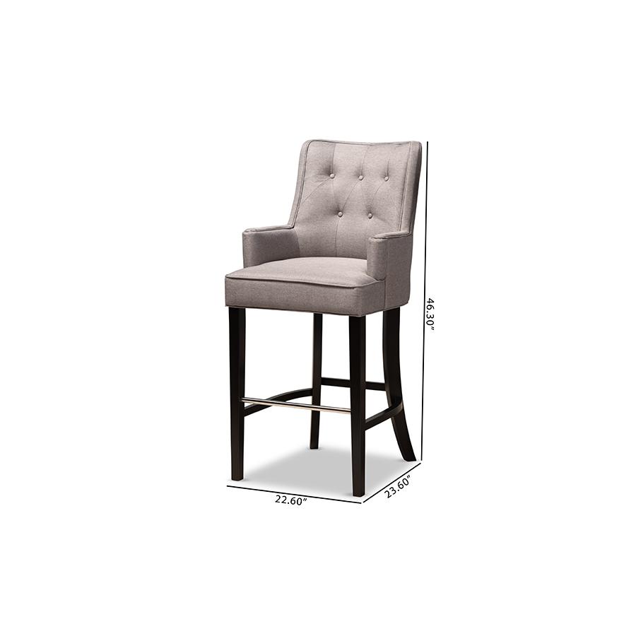 Aldon Modern and Contemporary Grey Fabric Upholstered and Dark Brown Finished Wood 2-Piece Bar Stool Set. Picture 7