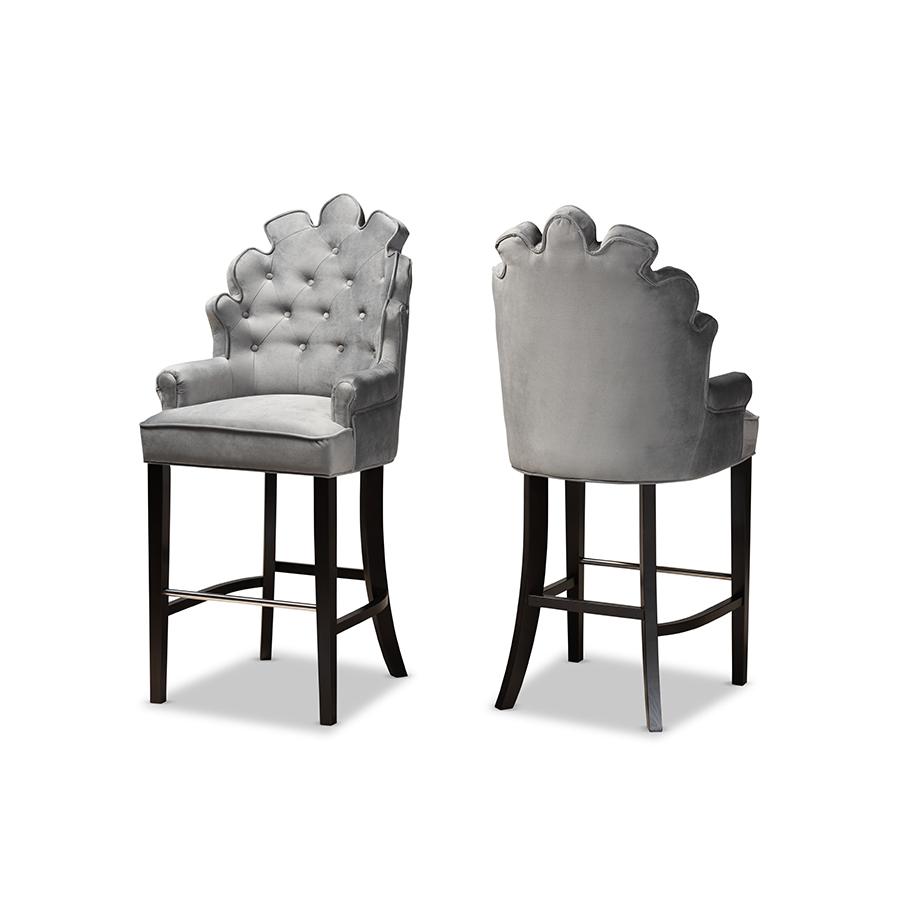 Chloe Modern and Contemporary Dark Grey Velvet Upholstered and Dark Brown Finished Wood 2-Piece Bar Stool Set. The main picture.