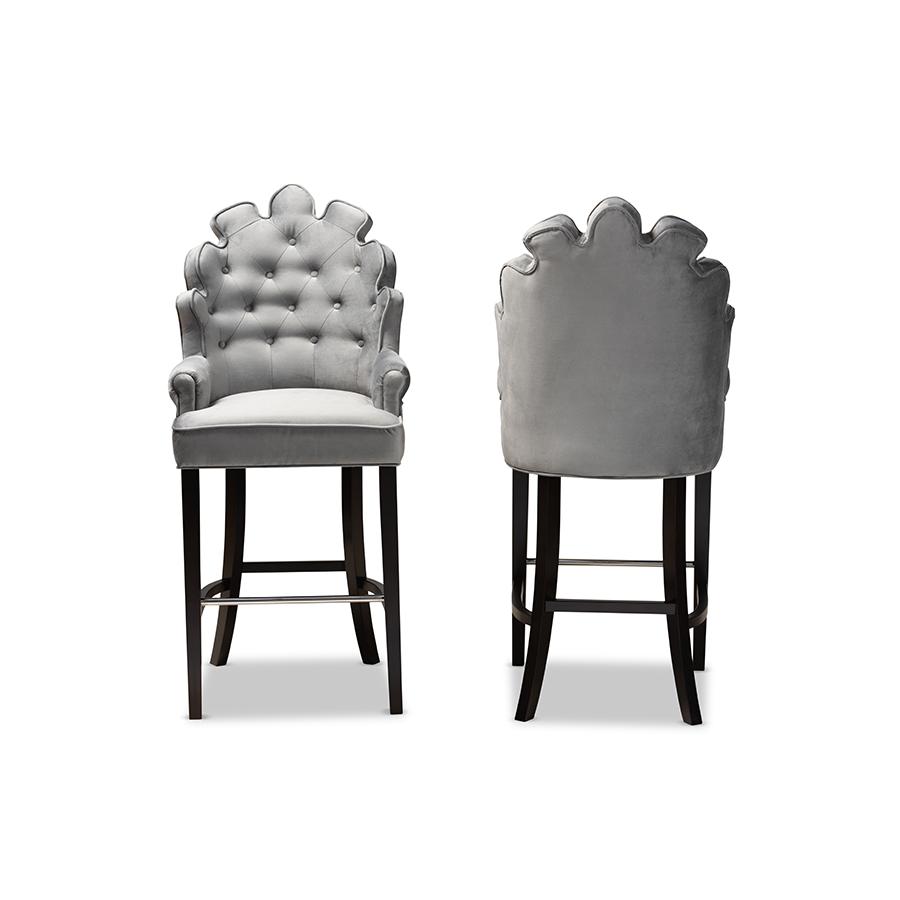 Chloe Modern and Contemporary Dark Grey Velvet Upholstered and Dark Brown Finished Wood 2-Piece Bar Stool Set. Picture 2