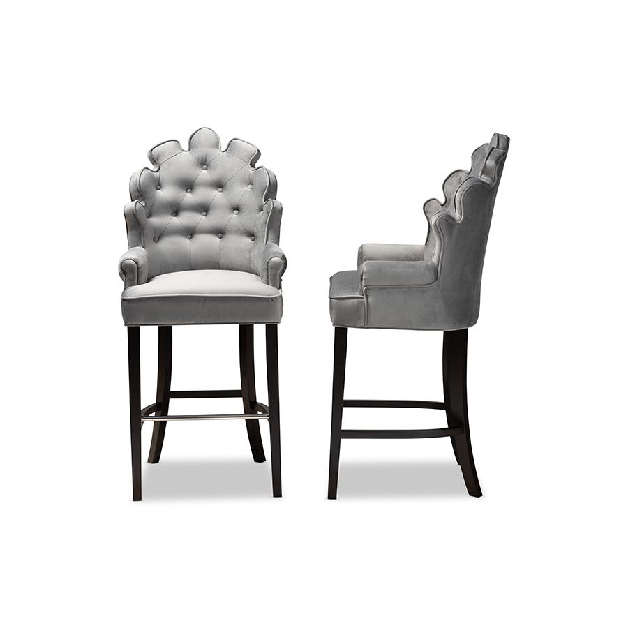Chloe Modern and Contemporary Dark Grey Velvet Upholstered and Dark Brown Finished Wood 2-Piece Bar Stool Set. Picture 3