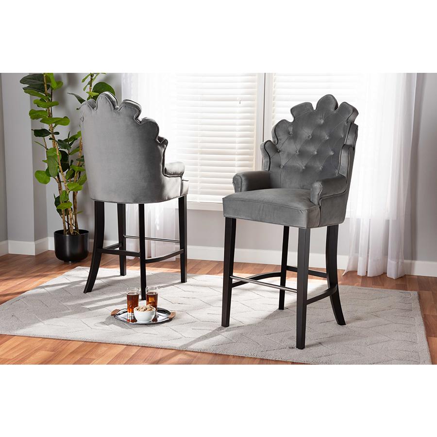 Chloe Modern and Contemporary Dark Grey Velvet Upholstered and Dark Brown Finished Wood 2-Piece Bar Stool Set. Picture 8