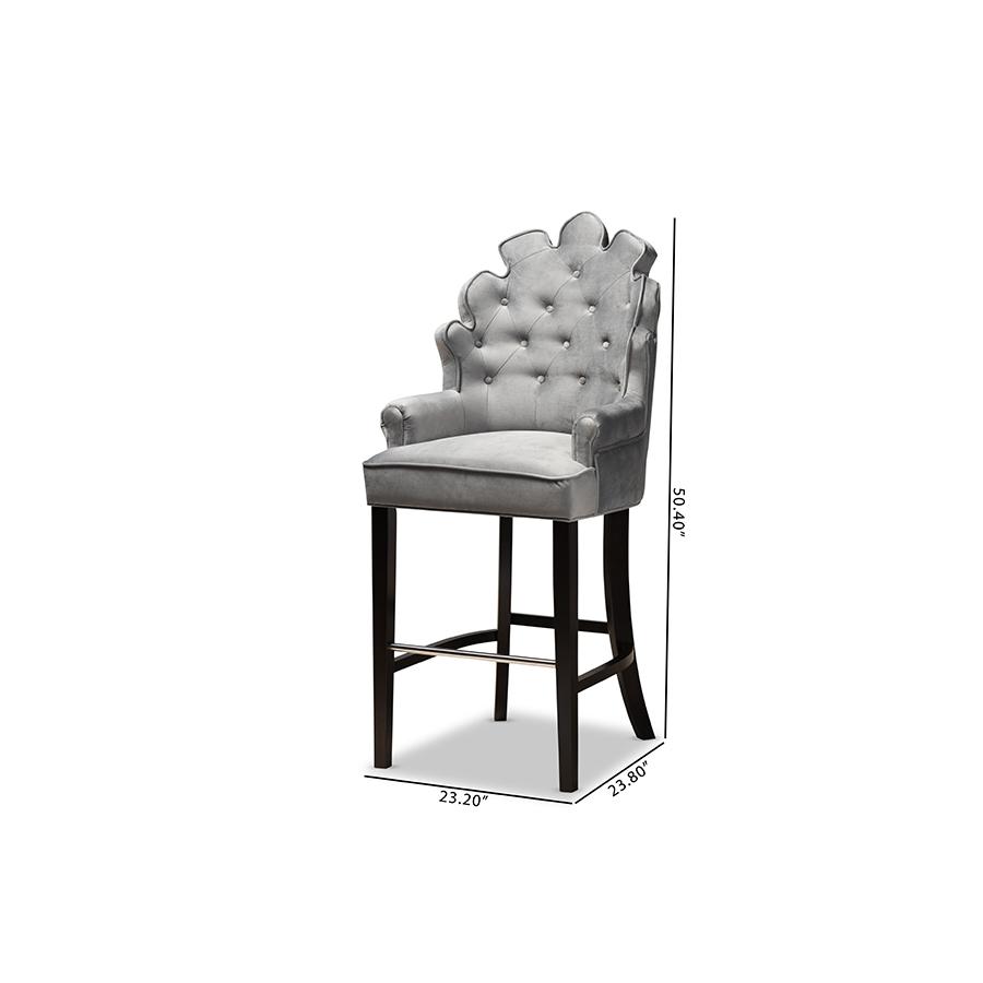 Chloe Modern and Contemporary Dark Grey Velvet Upholstered and Dark Brown Finished Wood 2-Piece Bar Stool Set. Picture 7