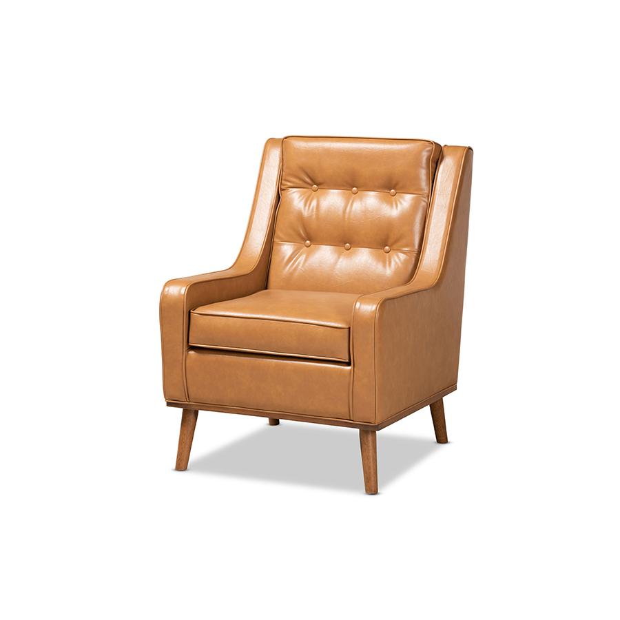 Tan Faux Leather Upholstered and Walnut Brown Finished Wood Lounge Armchair. Picture 1