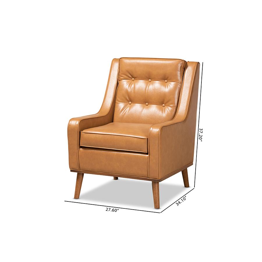 Tan Faux Leather Upholstered and Walnut Brown Finished Wood Lounge Armchair. Picture 10